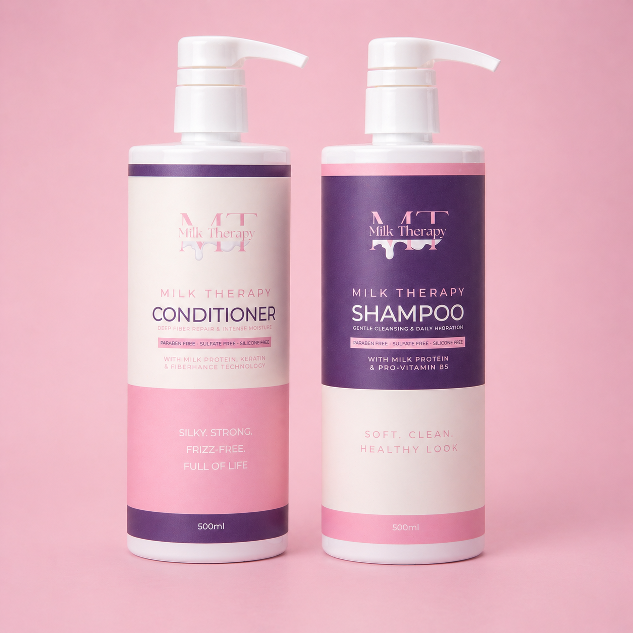 عبوات MT Milk Therapy Shampoo و Conditioner على خلفية وردية